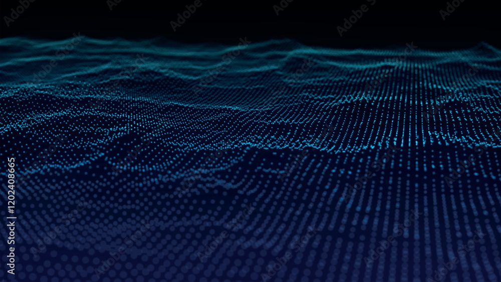 Poster futuristic point wave of particles. visualization of sound waves. dark background. technology or sci