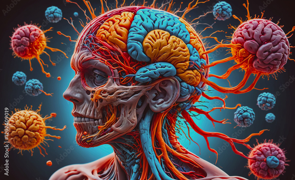 Poster A colorful brain with a skull and a bunch of colorful balls surrounding it. The brain is surrounded by a blue background
