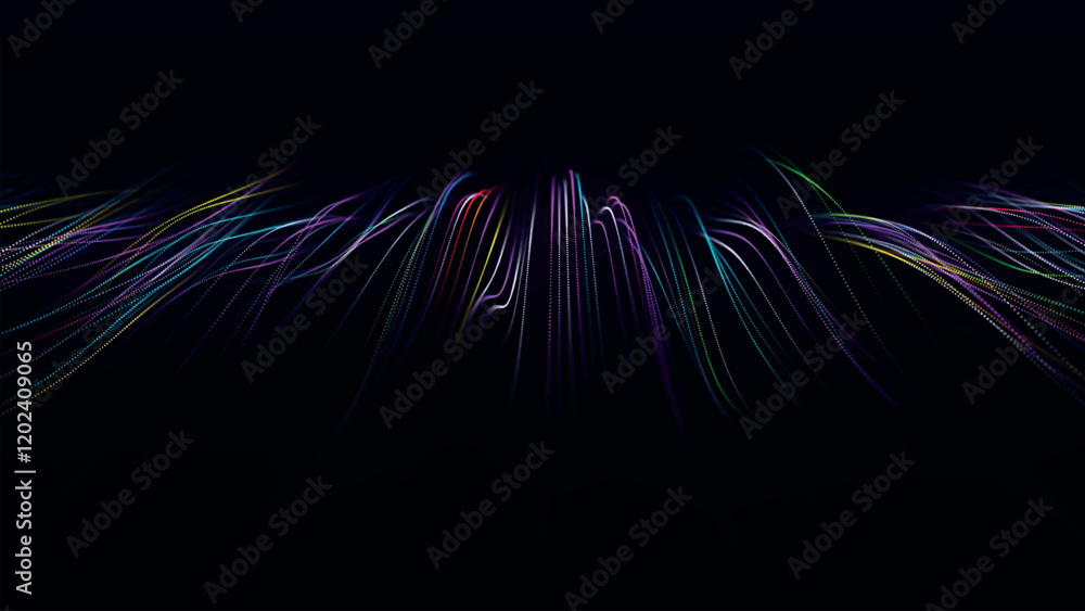 Poster futuristic point wave of particles. visualization of sound waves. dark background. technology or sci