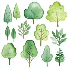 Watercolor green trees isolated on a white background.