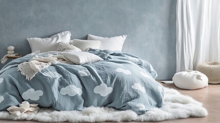 A dreamy sky-colored bedroom with soft azure bedding