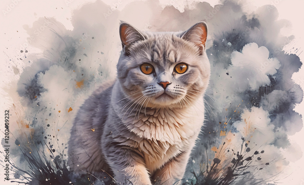 Aufkleber A cat is sitting in a field with a cloudy sky in the background. The cat is looking at the camera with a curious expression