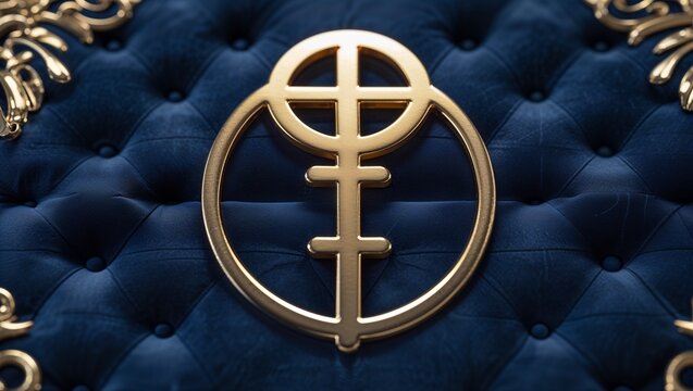 Gold emblem on luxurious tufted blue velvet background

