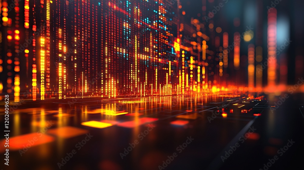 Poster data stream on virtual keyboard, city lights backdrop