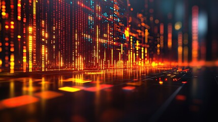 Data stream on virtual keyboard, city lights backdrop