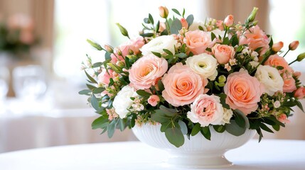 Elegant peach and white rose centerpiece at wedding reception