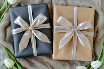 Elegant gift boxes wrapped in soft fabric and adorned with satin