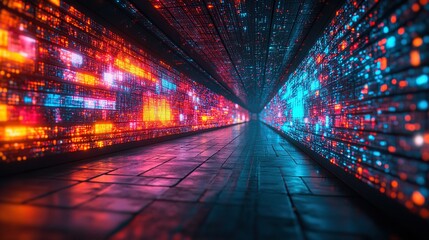 Data flow tunnel with glowing walls, digital information, server room background, tech visualization