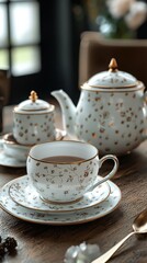 Fototapeta premium Elegant vintage tea set display cozy home setting high-resolution textures inviting atmosphere close-up view