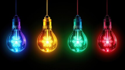Colorful Decorative Light Bulbs with Snowflake Design on Black Background