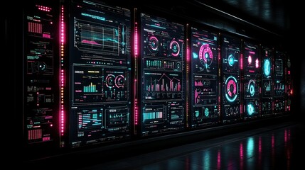 Data center wall displays analytics dashboards in dark room