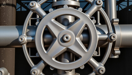 Naklejka premium Close-up of a large industrial oil pipeline valve showcasing metallic details and textures