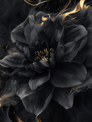A stunning black flower with bold, silky petals and golden accents, surrounded by swirling smoky textures. A perfect blend of mystery and elegance.

