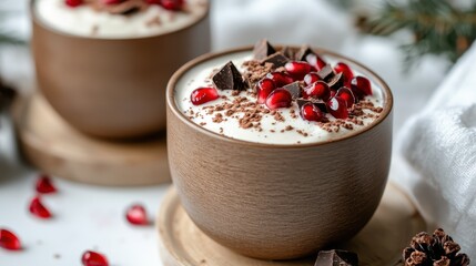 This image showcases a beautifully arranged dessert featuring creamy yogurt topped with pomegranates and chocolate, creating a delightful visual treat for any occasion.