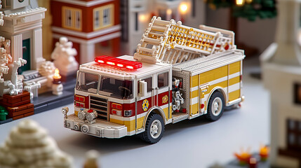Toy firetruck on city street at night.
