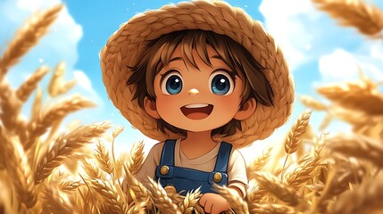 Happy Child in Wheat Field Wearing Straw Hat