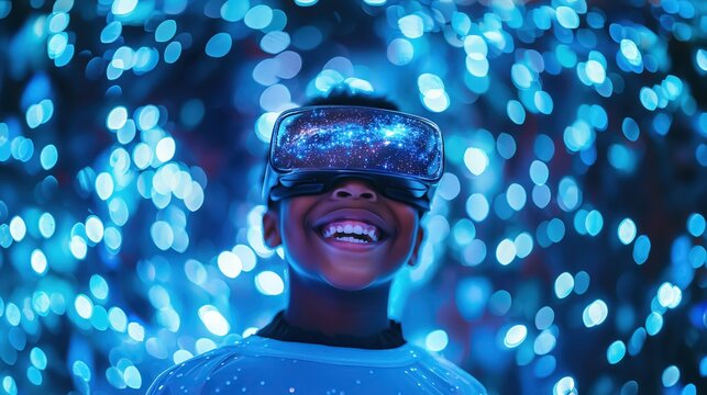 Smiling Black boy wearing VR glasses displaying starry universe imagery, glowing blue background with cosmic atmosphere, close-up perspective.