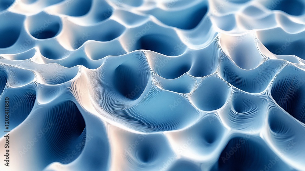 Poster abstract blue 3d textured surface with waves and holes.