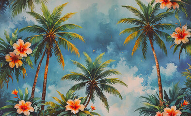 A painting of a tropical scene with palm trees and flowers. The mood of the painting is serene and peaceful