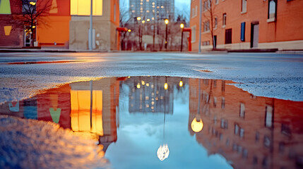 Puddle reflecting city buildings at dusk.