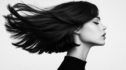 Elegant Profile of a Woman with Flowy Hair in Black and White