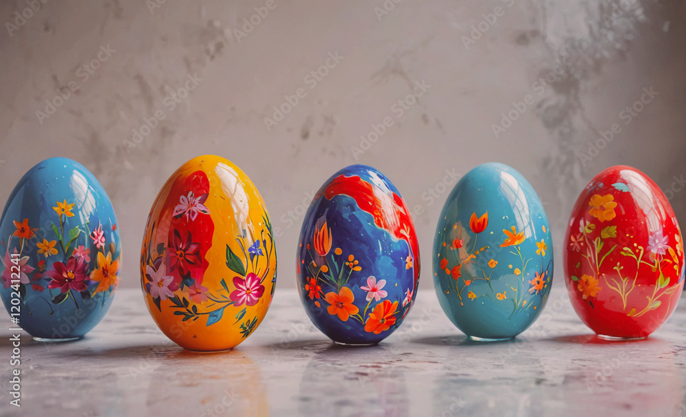 Poster A row of painted eggs with flowers on them. The eggs are of different colors and sizes. The arrangement of the eggs creates a sense of harmony and balance. The flowers on the eggs add a touch of