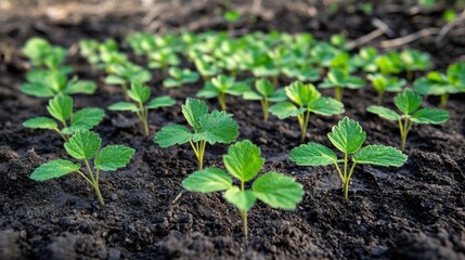 Fresh Green Seedlings Growing in Rich Dark Soil Under Bright Sunlight