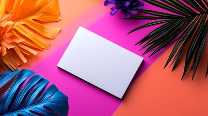 Blank Card Mockup with Vibrant Tropical Leaves and Colorful Background