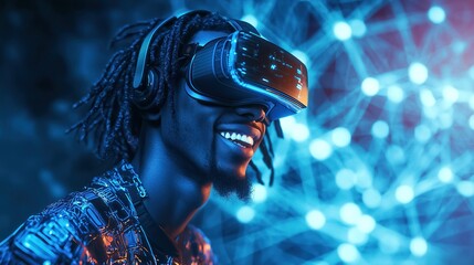 Smiling African man in virtual reality glasses with glowing futuristic background of network connections, black dreadlocks, and copy space for advertisement.
