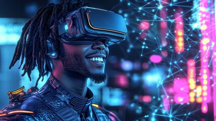 Portrait of African man in virtual reality glasses with glowing network background, smiling, showcasing innovation and tech, with copy space for marketing.