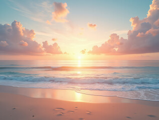 A Serene Beach at Sunset With Pastel Clouds in the Sky