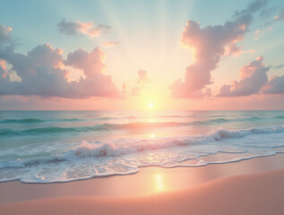 Fototapeta premium A Serene Beach at Sunset With Pastel Clouds in the Sky