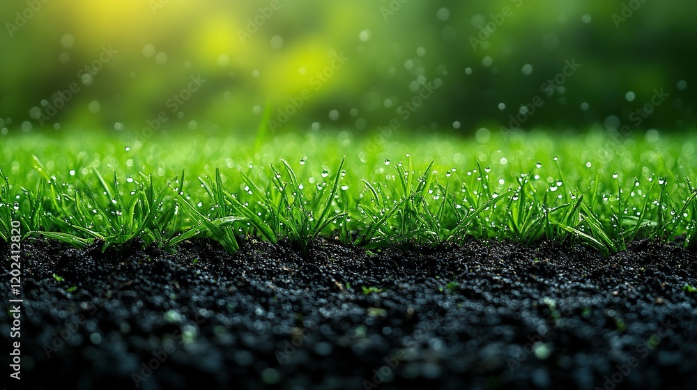 Poster Dewy grass blades in sunlit garden with gentle rain, ideal for backgrounds