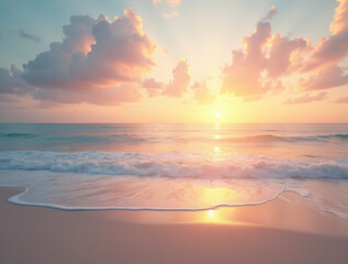Fototapeta premium A Serene Beach at Sunset With Pastel Clouds in the Sky