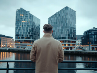Man Overlooking Modern Cityscape during Sunset from Waterfront
