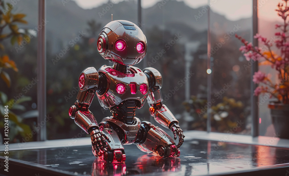 Aufkleber A robot is sitting on a table in front of a window. The robot is red and has a glowing light on its head. The scene is peaceful and serene, with the robot looking out the window