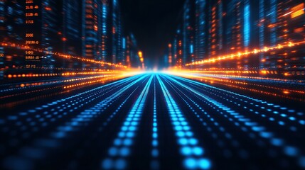 Digital data stream flowing through futuristic city with blurred lights