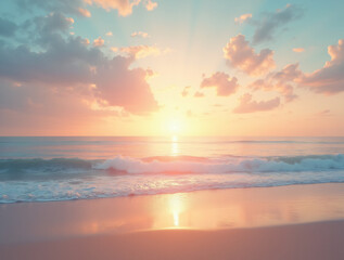 Fototapeta premium A Serene Beach at Sunset With Pastel Clouds in the Sky