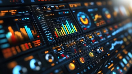 Digital dashboard displaying data analytics in control room for monitoring