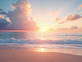 Obraz premium A Serene Beach at Sunset With Pastel Clouds in the Sky