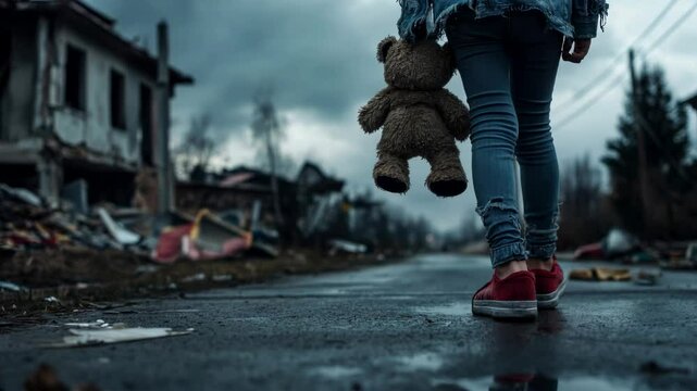 A young girl clutching her teddy bear stands amidst war-torn ruins, symbolizing innocence, loss, and the impact of conflict.
