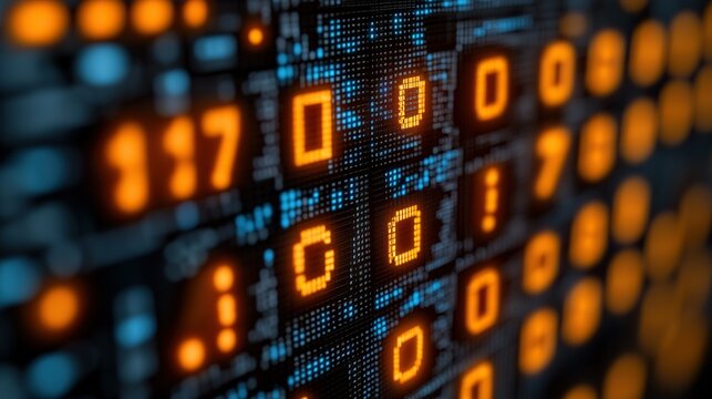 Digital data stream on screen with glowing numbers and code in background