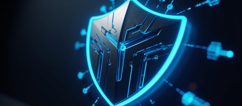 A neon-lit futuristic shield symbolizes state-of-the-art digital security  data protection