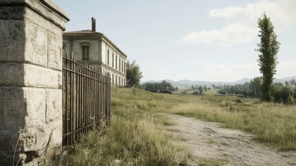 Rustic building, overgrown path, and distant hills.