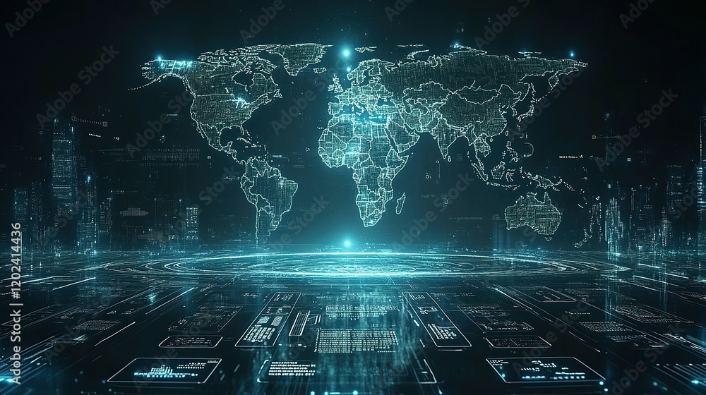 Poster digital world map displayed on futuristic platform with city backdrop
