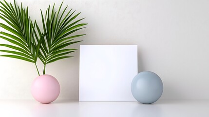 Clean Minimalist Mockup with Tropical Leaves and Pastel Spheres