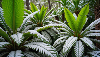 Snowy tropical landscape with vibrant green ferns and palms covered in fresh snow