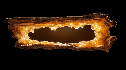 Fototapeta premium Glowing amber resin fills hollowed log section.