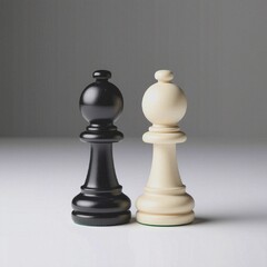 Two wooden varnished pawns, black and white, against each other o white background. AI generated.