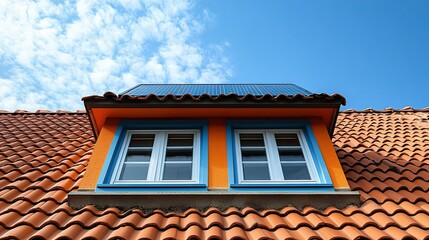 Fototapeta premium Dormer windows with solar panel on tiled roof under blue sky